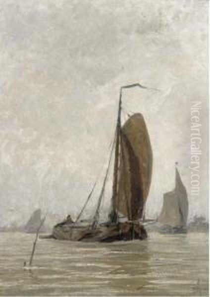 Sailingbarges In A Breeze Oil Painting by Hendrik Willebrord Jansen