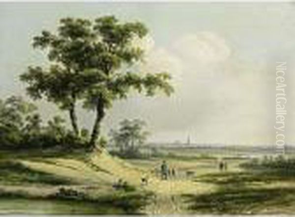 An Extensive Landscape With A Shepherd And Travellers On A Sandy Track Oil Painting by Johan Maurisz Jansen