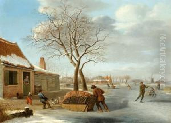 Winter Landscape With Ice Skaters Oil Painting by Johannes Janson