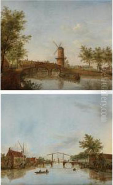 River Landscape With Drawbridge; River Landscape With Windmill Oil Painting by Johannes Janson