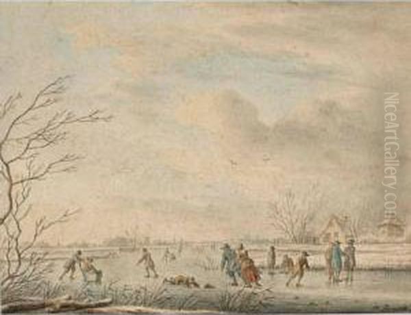 A Winterlandscape With Skaters On The Ice Oil Painting by Johannes Janson