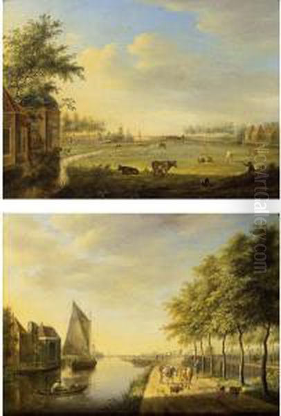 A View Of A Canal With Boats By A
 Village And A Shepherd With His Cattle On A Path; An Extensive 
Landscape With A Woman Milking A Cow, With Cattle And Horses In A 
Meadow, A Mill In The Distance Oil Painting by Johannes Janson