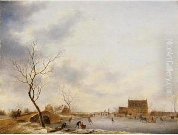 A Winter Landscape With Skaters Oil Painting by Johannes Janson