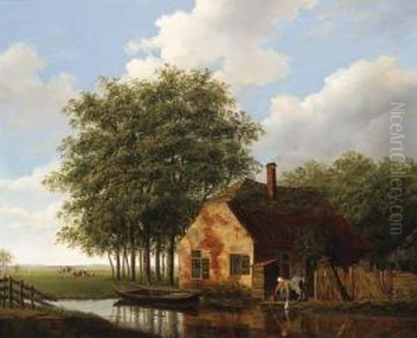 A Woman And Child Outside A Cottage, Cattle Grazing In A Meadowbeyond Oil Painting by Johannes Janson