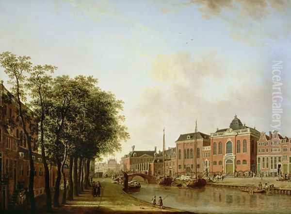 The Houtegracht, now the Jonas Daniel Meijerplein, Amsterdam, with the Ashkenazi Synagogues, the Arsenal, the Portuguese Synagogue and Sailing Barges Oil Painting by Jan ten Compe