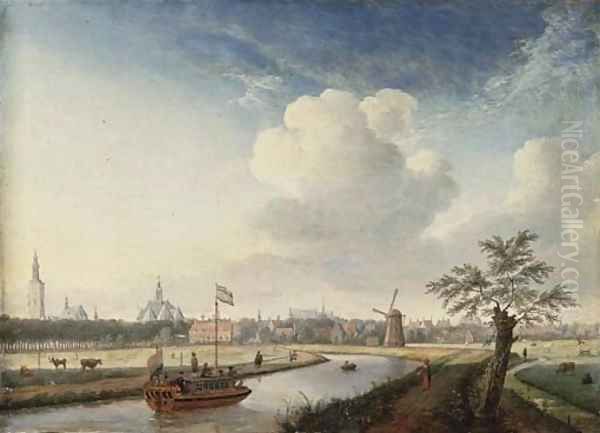 A cappricio view of The Hague, with figures walking along a river and a barge Oil Painting by Jan ten Compe