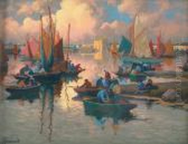 Les Pecheurs Dans Le Port De Concarneau Oil Painting by Mathurin Janssaud