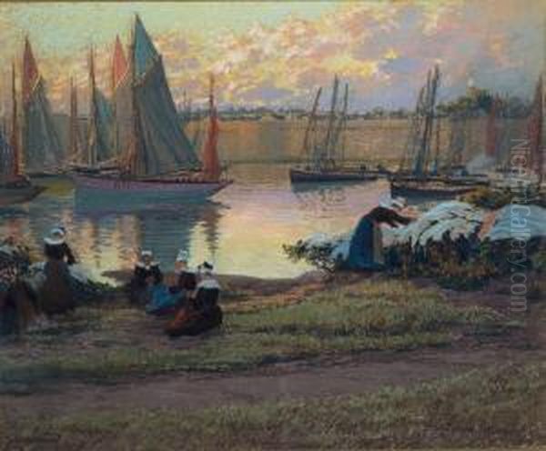 Le Depart Des Bateaux Devant Les Femmes De Pecheurs Pastel Signe En Bas A Gauche Oil Painting by Mathurin Janssaud