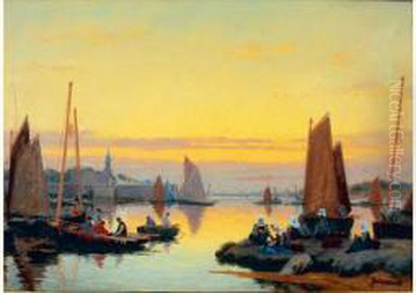 Bretagne : Coucher De Soleil Sur Le Port Oil Painting by Mathurin Janssaud