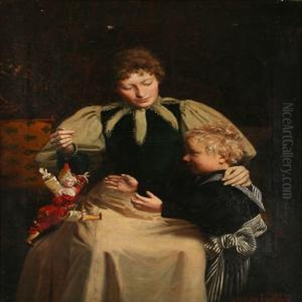 Mother And Child Playing With A Puppet Oil Painting by Luplau Janssen