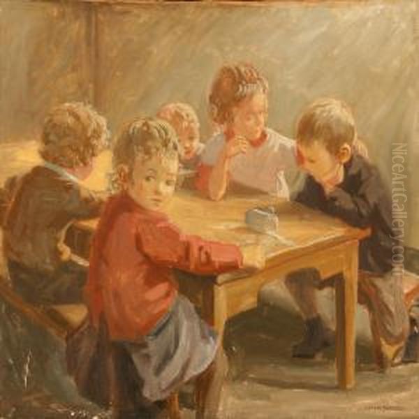 Five Children Around A Table Oil Painting by Luplau Janssen