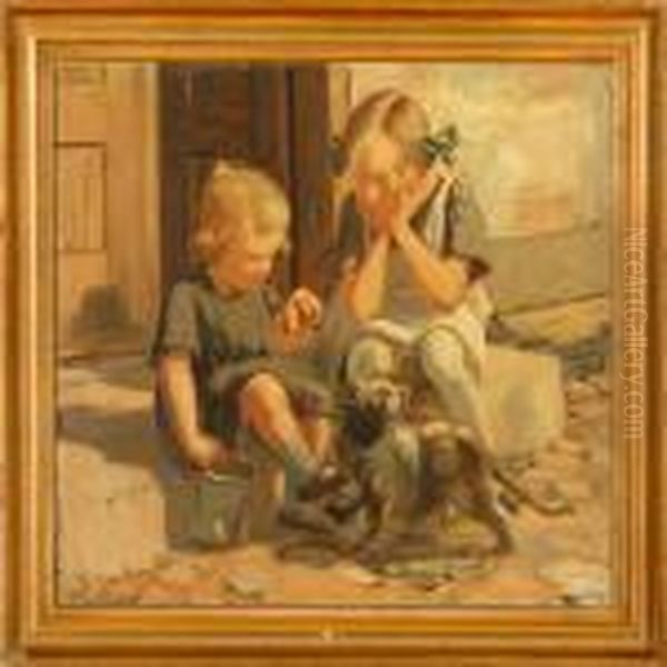 Two Girls Playing On A Doorstep Oil Painting by Luplau Janssen