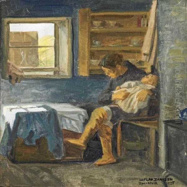 Interior From Greenland With A Seated Woman And Infant Oil Painting by Luplau Janssen