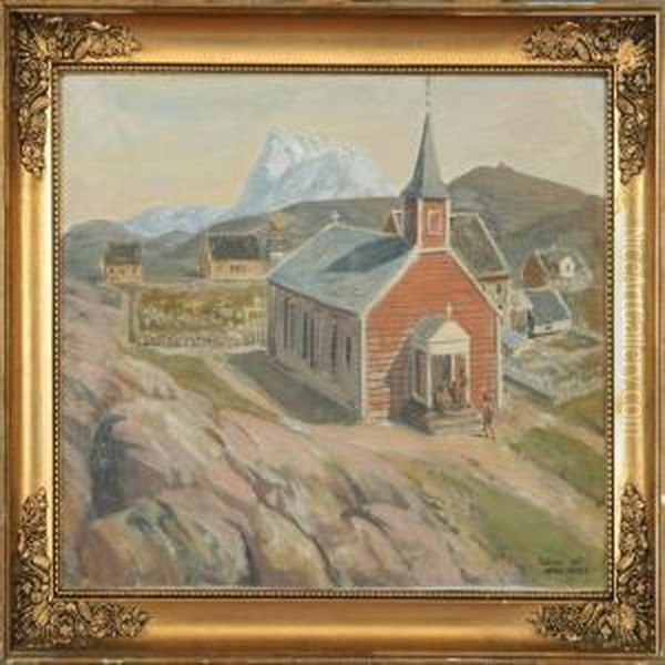 Scenery From Godthaab With Church Oil Painting by Luplau Janssen