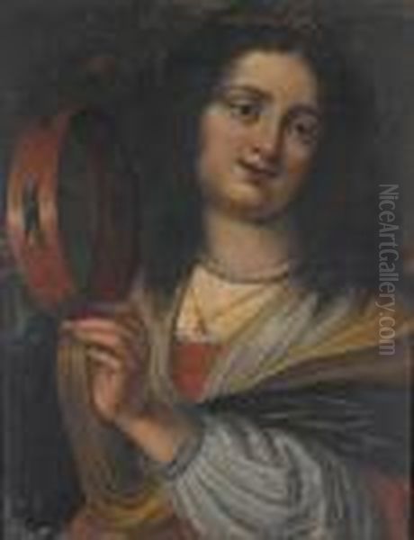 A Young Woman Playing The Tambourine Oil Painting by Abraham Janssens van Nuyssen