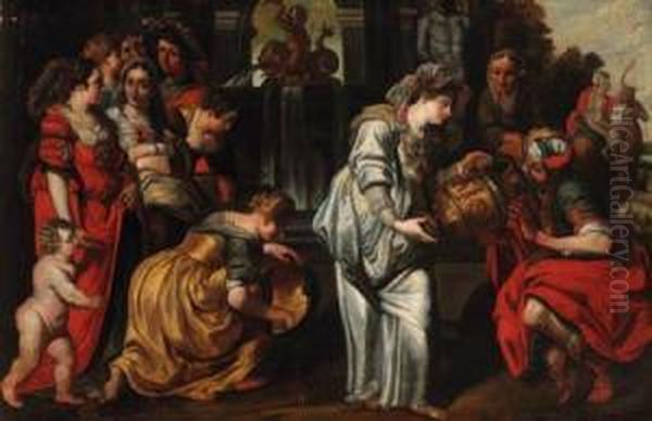 Rebecca And Eliezer At The Well Oil Painting by Abraham Janssens van Nuyssen