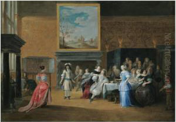 A Palatial Interior With Elegant Figures Dancing Andbanqueting Oil Painting by Hieronymus Janssens