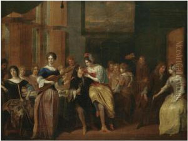 An Interior Scene With Elegant Figures Drinking And Listening To Music Oil Painting by Hieronymus Janssens