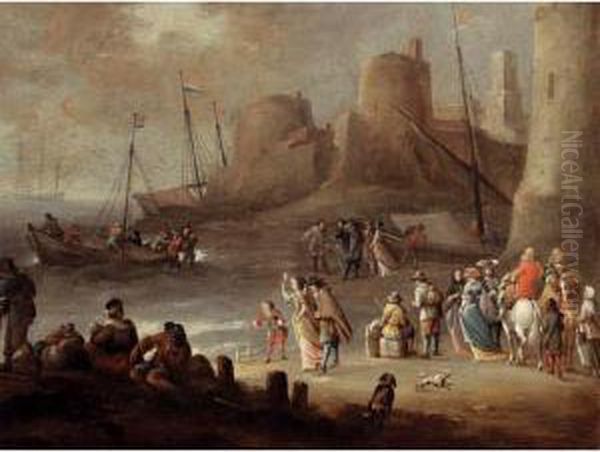 A Mediterranean Coastal 
Landscape With Elegant Figures On A Beach With Fishermen Unloading Their
 Catch, A Fortified Town Beyond Oil Painting by Hieronymus Janssens