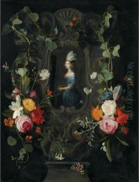 A Garland Of Mixed Flowers Adorning A Stone Cartouche Surrounding An Allegory Of Vanity Oil Painting by Hieronymus Janssens