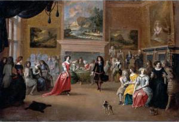 An Interior With An Elegant Company Dancing And Playing Cards Oil Painting by Hieronymus Janssens