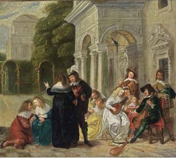 A Courtyard With An Elegant Company Making Music And Conversing Oil Painting by Hieronymus Janssens