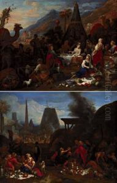 Scenes De Marche Et De Banquet Pres D'un Campement Oil Painting by Victor Honore Janssens