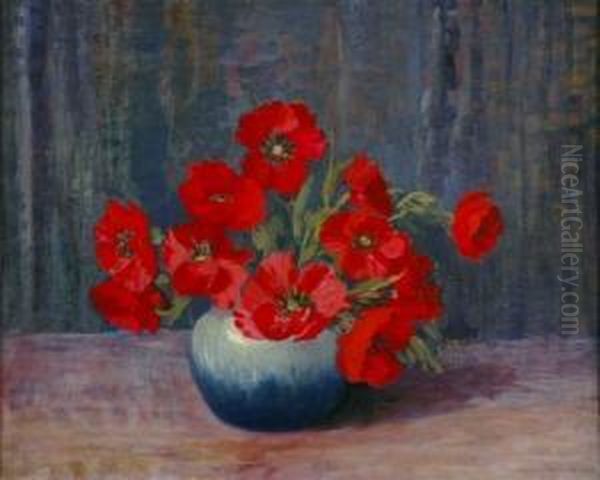 Anemone In Blue Vase Oil Painting by Alfred Jansson