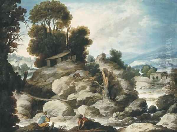 A rocky river landscape with fishermen and shepherds resting with their flock Oil Painting by Francisco Collantes