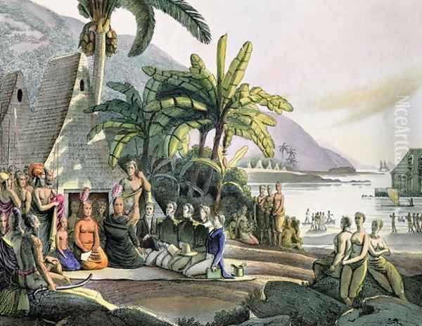 Meeting between the Expedition Party of Otto von Kotzebue (1788-1846) and King Kamehameha I (1740-52-1819) Ovayhi Island Oil Painting by Ludwig (Louis) Choris