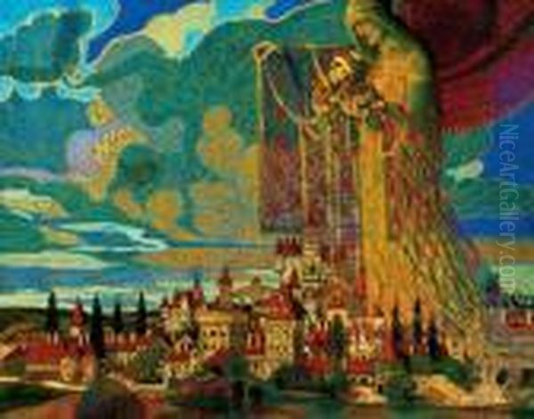 Angel Above The City Oil Painting by Almos Jaschik