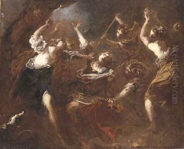 Orpheus attacked by the Maenads of Ciconia a bozzetto Oil Painting by Valerio Castello