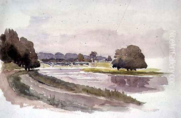 View of the Bend of a River with a Bridge Oil Painting by Sir Henry Cole