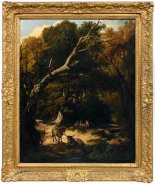 Woodland Landscape With Figures Camping And Donkeys Resting By A Stream Oil Painting by Roger Jean