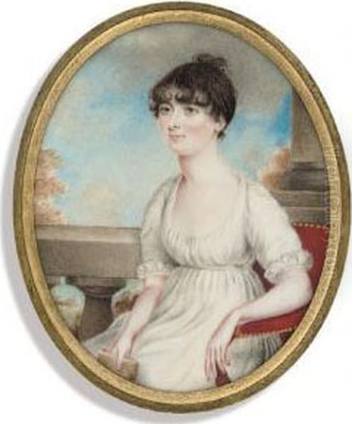 A Lady, In White Dress With 
Short Lace-bordered Sleeves, Seated On Gilt-metal Studded Red Leather 
Chair, Holding A Book In Her Right Hand, Upswept Dark Hair; Pillar, 
Balustrade, Foliage And Sky Background Oil Painting by Roger Jean