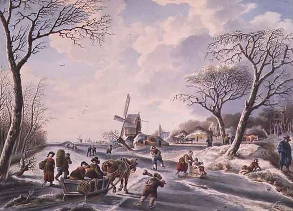 Dutch winter garden scene of windmill and skaters Oil Painting by W.F. Christ