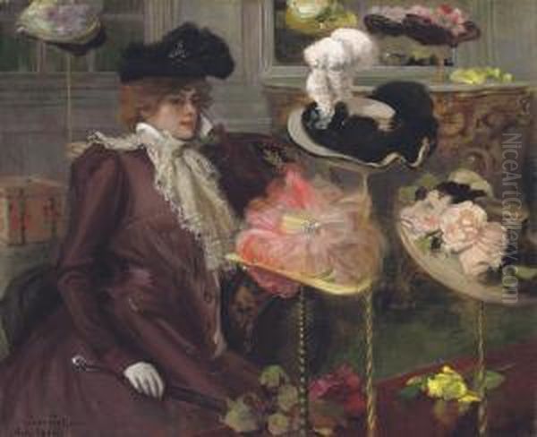 At The Milliner's Oil Painting by Pierre Georges Jeanniot