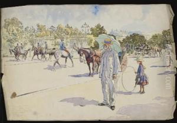 Un Homme Fumant Et Une Fillette 
Jouant Au Cerceau Dans Un Parc, Des Cavaliers A L'arriere-plan Oil Painting by Pierre Georges Jeanniot