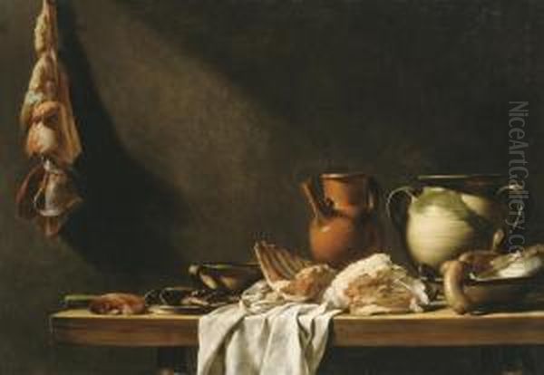 Table De Cuisine: Earthenware Jugs And Meat On A Partly-draped Kitchen Table Oil Painting by Nicolas Henry Jeaurat De Bertry