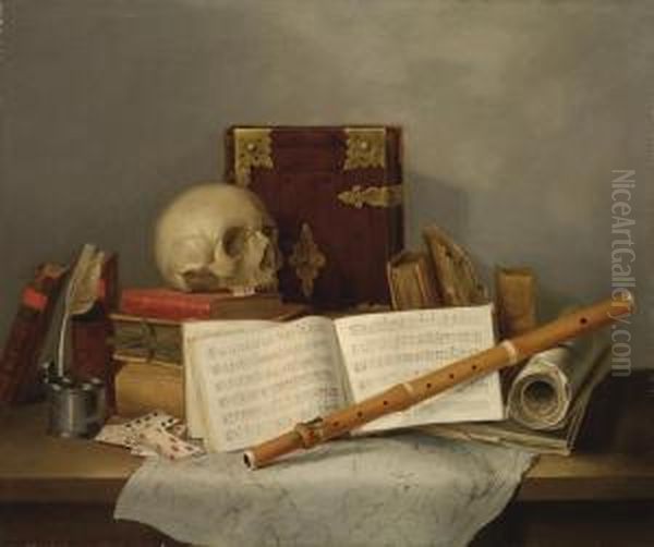 A Vanitas Still Life With A Lute Oil Painting by Nicolas Henry Jeaurat De Bertry