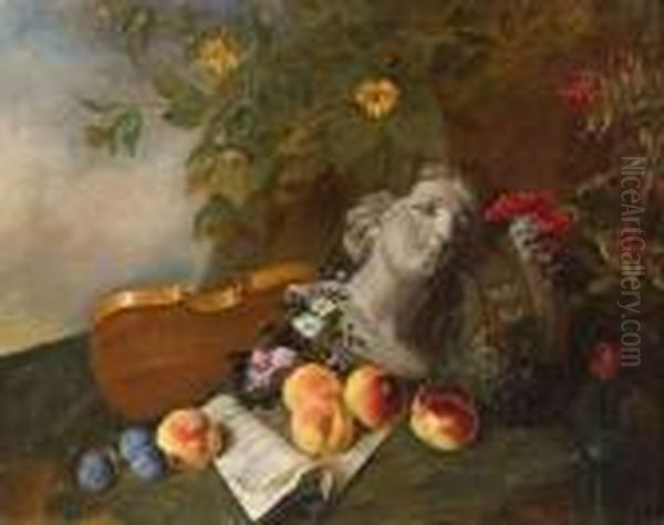 Nature Morte Aux Peches, Raisins, Prunes, Violon Et Buste Dans Unevegetation Luxuriante. Oil Painting by Nicolas Henry Jeaurat De Bertry