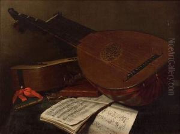 Nature Morte Au Luth Theorbe Et A La Guitare Sur Sa Toile D'origine Oil Painting by Nicolas Henry Jeaurat De Bertry