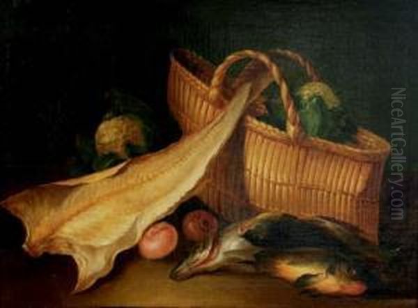 Fish, Onions And Cauliflower In A Basket On A Tabletop Oil Painting by Nicolas Henry Jeaurat De Bertry