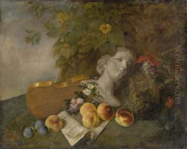 A Still Life With A Bust Of A 
Lady, A Violin, Peaches, Plums And A Musical Score In A Landscape Oil Painting by Nicolas Henry Jeaurat De Bertry