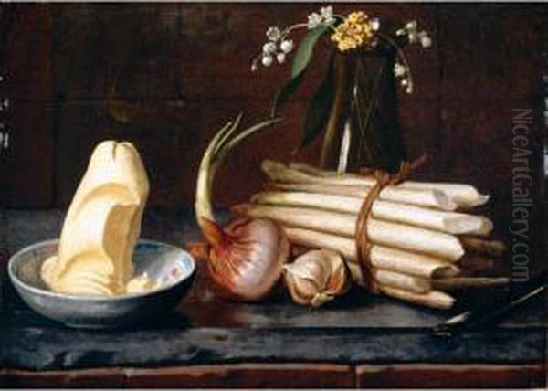 A Still Life Of Asparagus, An 
Onion, Garlic, Butter In A Bowl And Flowers In A Glass Vase, All On A 
Marble Ledge Oil Painting by Nicolas Henry Jeaurat De Bertry