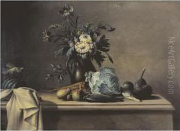 Nature Morte Au Chou, Poisson Et Vase De Fleurs Oil Painting by Nicolas Henry Jeaurat De Bertry