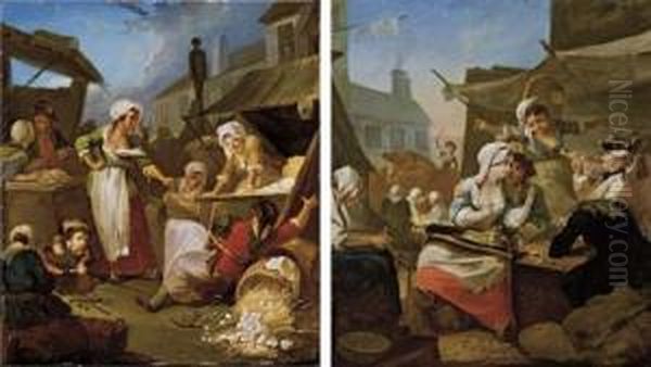 A Country Market Scene With A 
Maid Overturning A Basket Of Eggs; And A Market Scene With Peasants 
Drinking And Music-making At A Table Oil Painting by Etienne Jeaurat