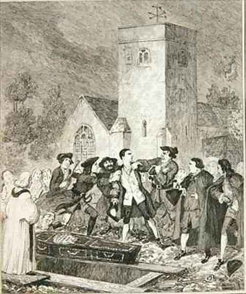 Jonathan Wild seizing Jack at his mothers funeral in Willesden Churchyard Oil Painting by George Cruikshank I