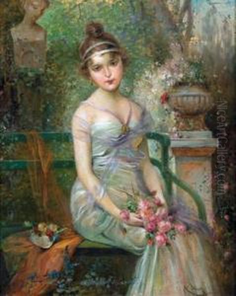 Madchen Mit Rosen Auf Der Parkbank Oil Painting by Rudolph Jelinek