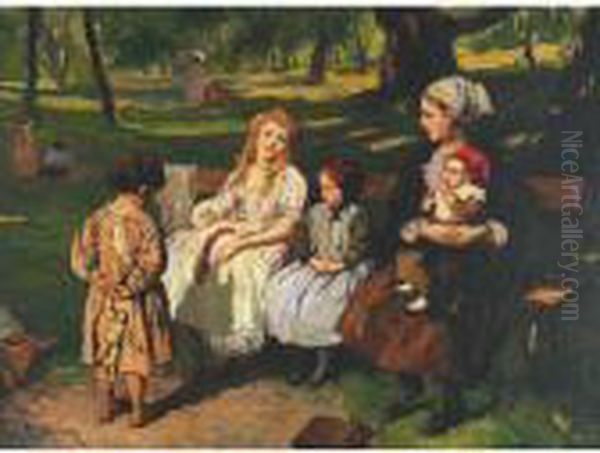 Young Mothers On A Park Bench Oil Painting by Rudolph Jelinek